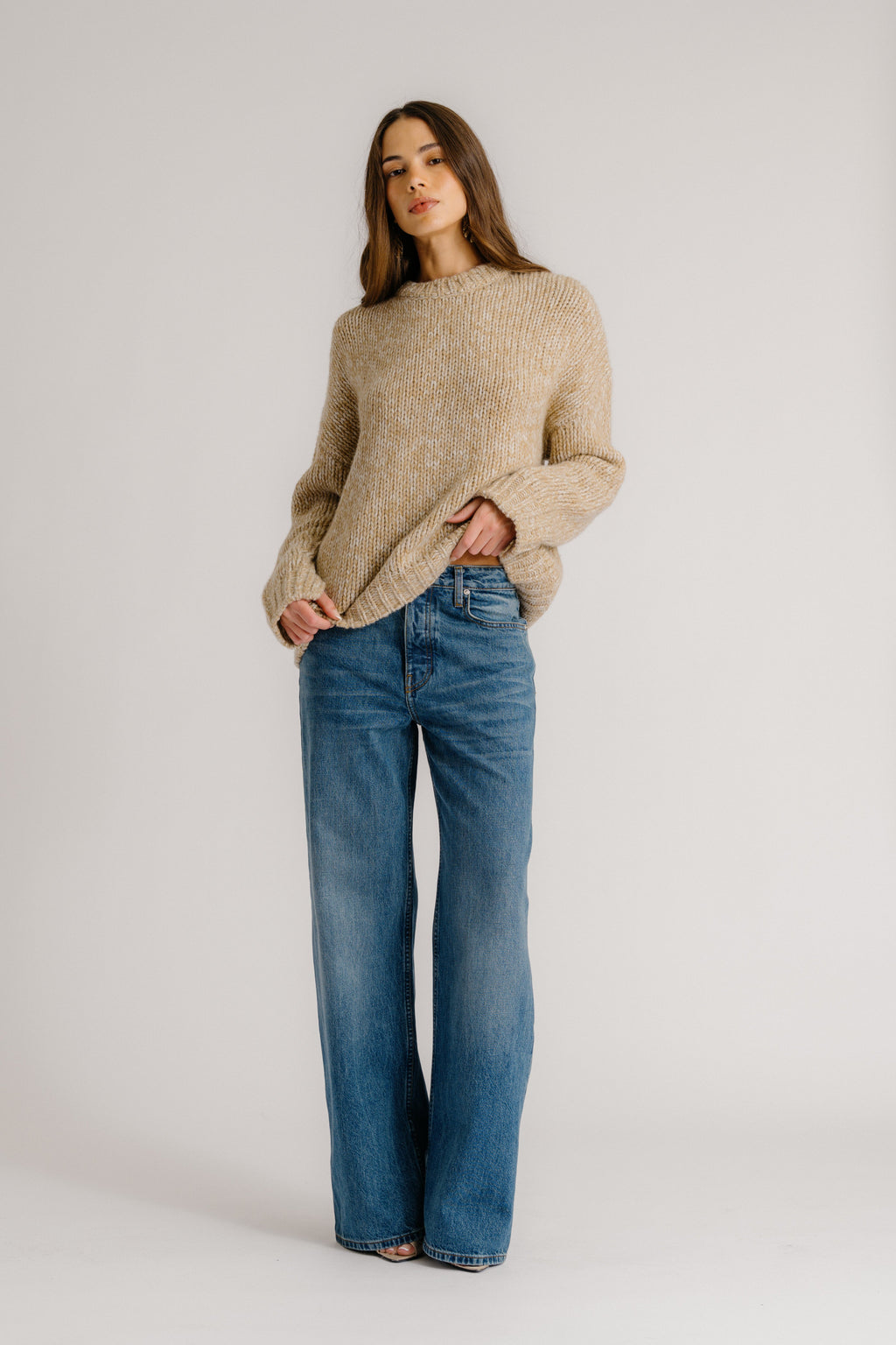 CYPRESS CASHMERE CREWNECK WITH RIB DETAIL | CAMEL MULTI