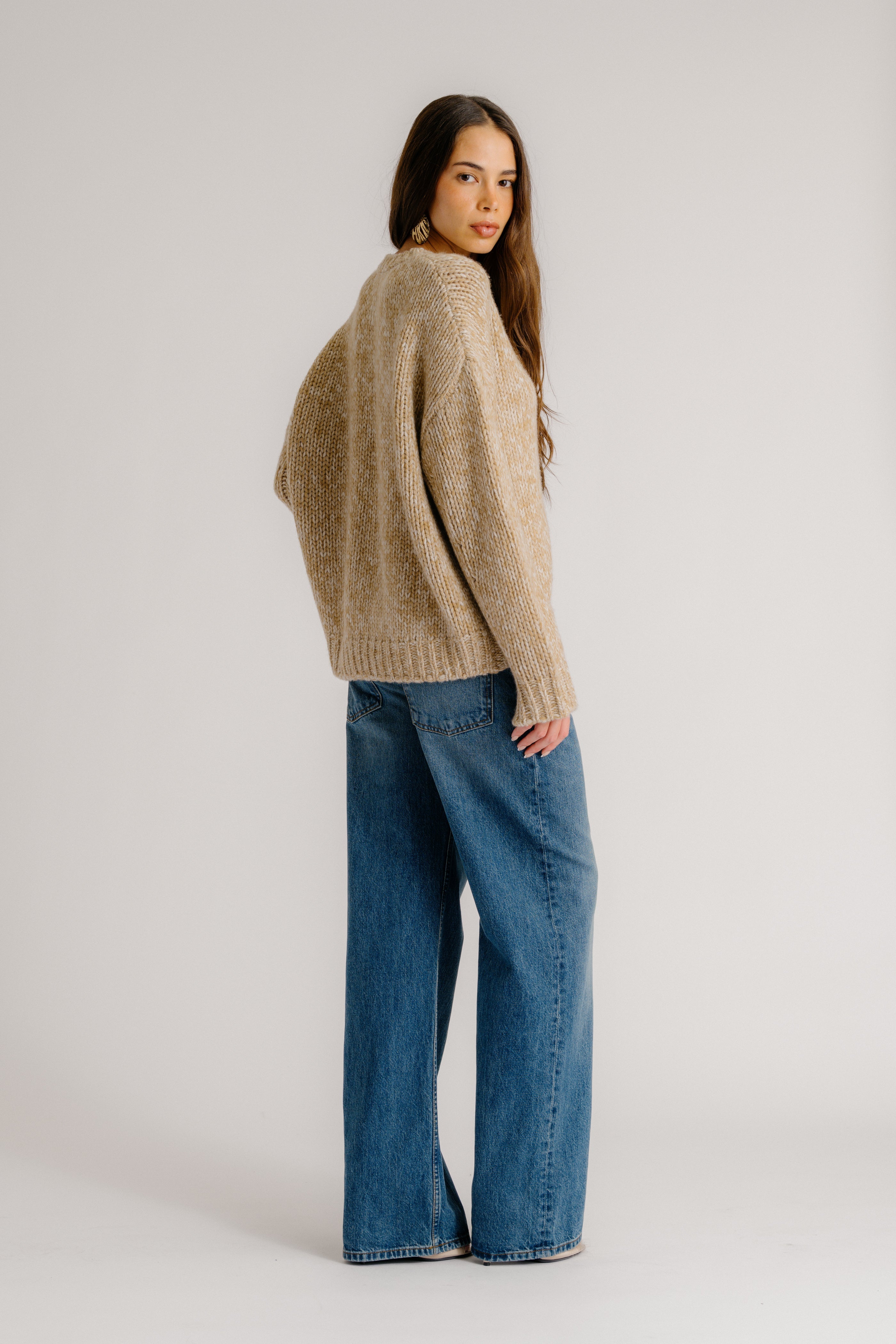 CYPRESS CASHMERE CREWNECK WITH RIB DETAIL | CAMEL MULTI