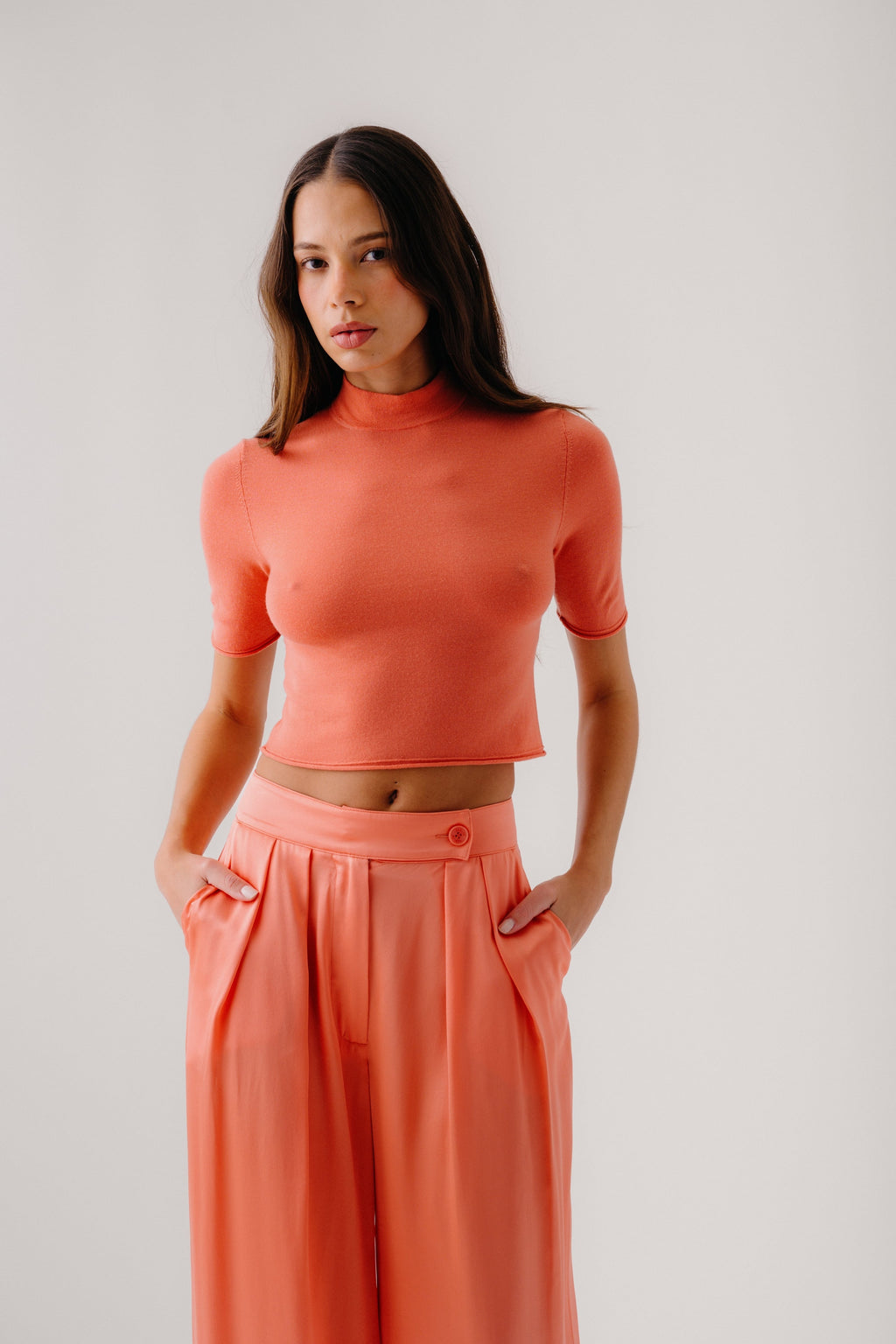 EMBER CASHMERE CROPPED SHORT SLEEVE MOCK NECK | MELON