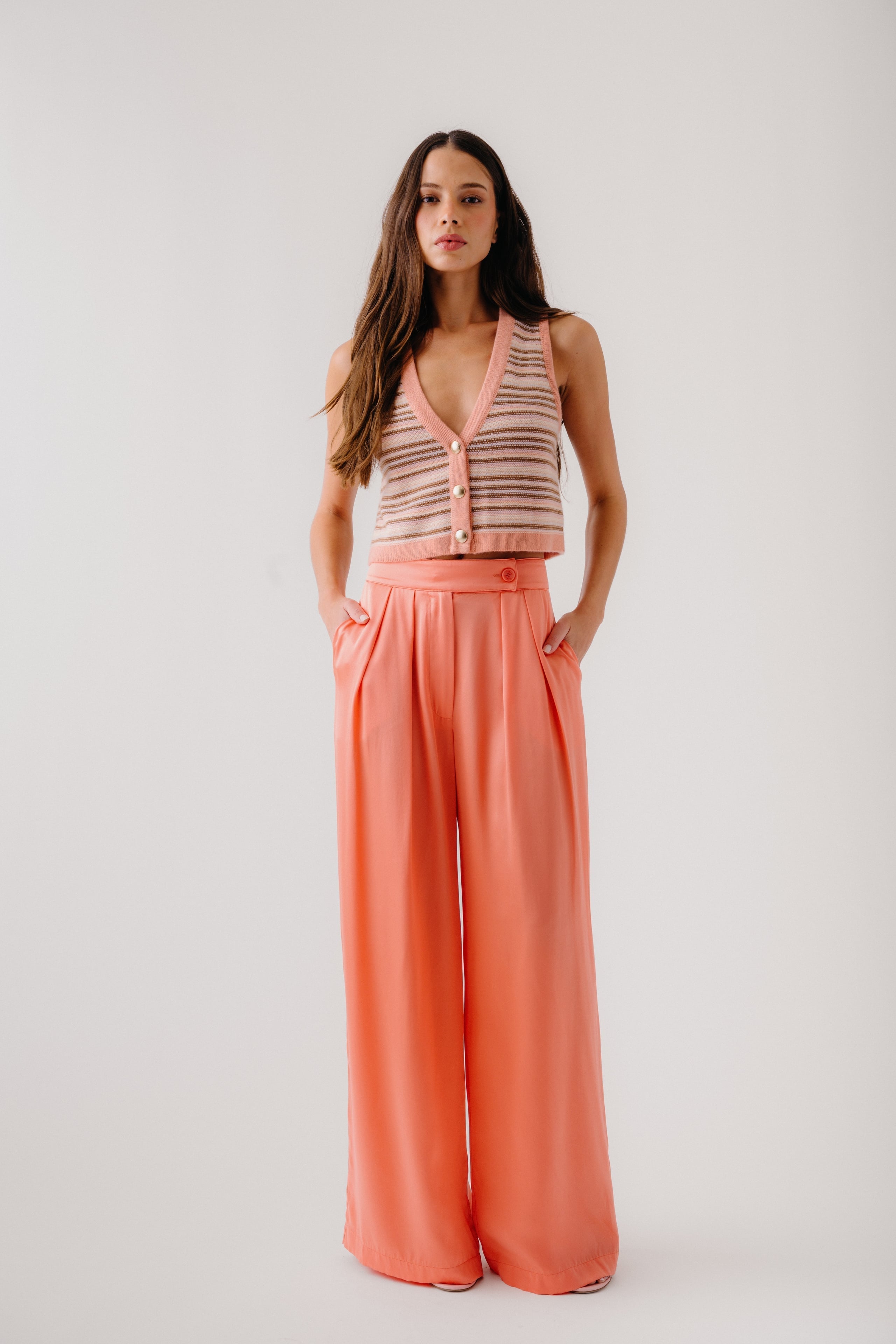 CALLIE STRIPED CASHMERE V-NECK TANK VEST | MELON