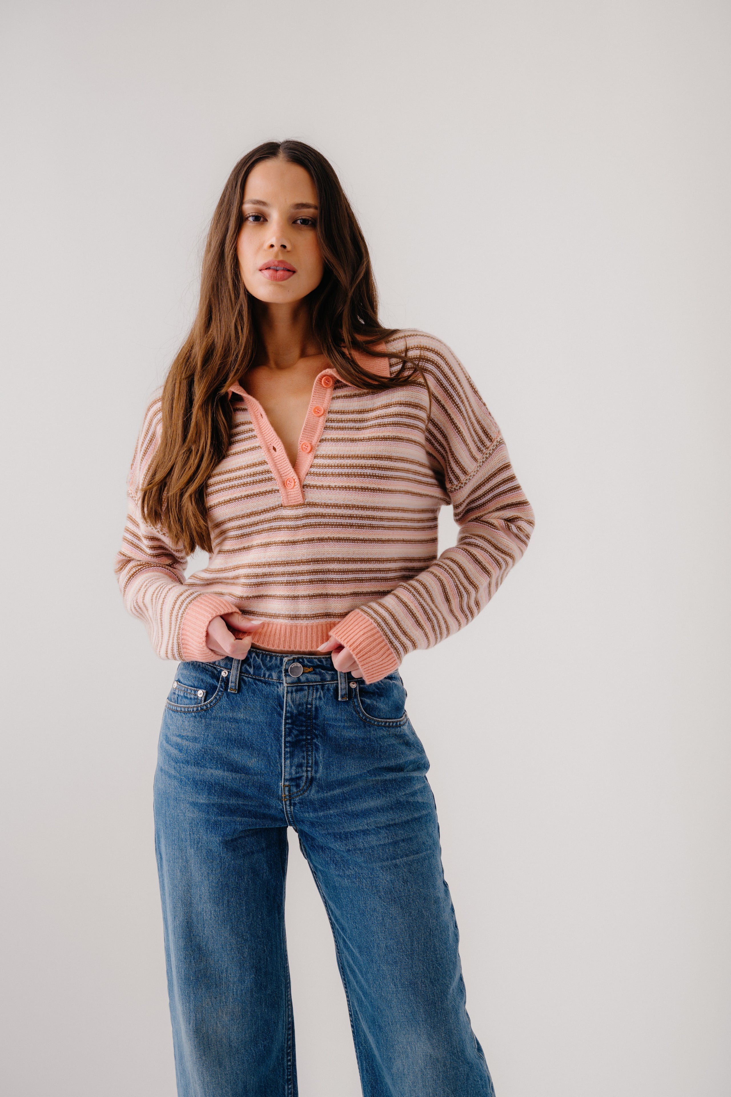 MADDIE CASHMERE CROPPED STRIPE POLO | MELON