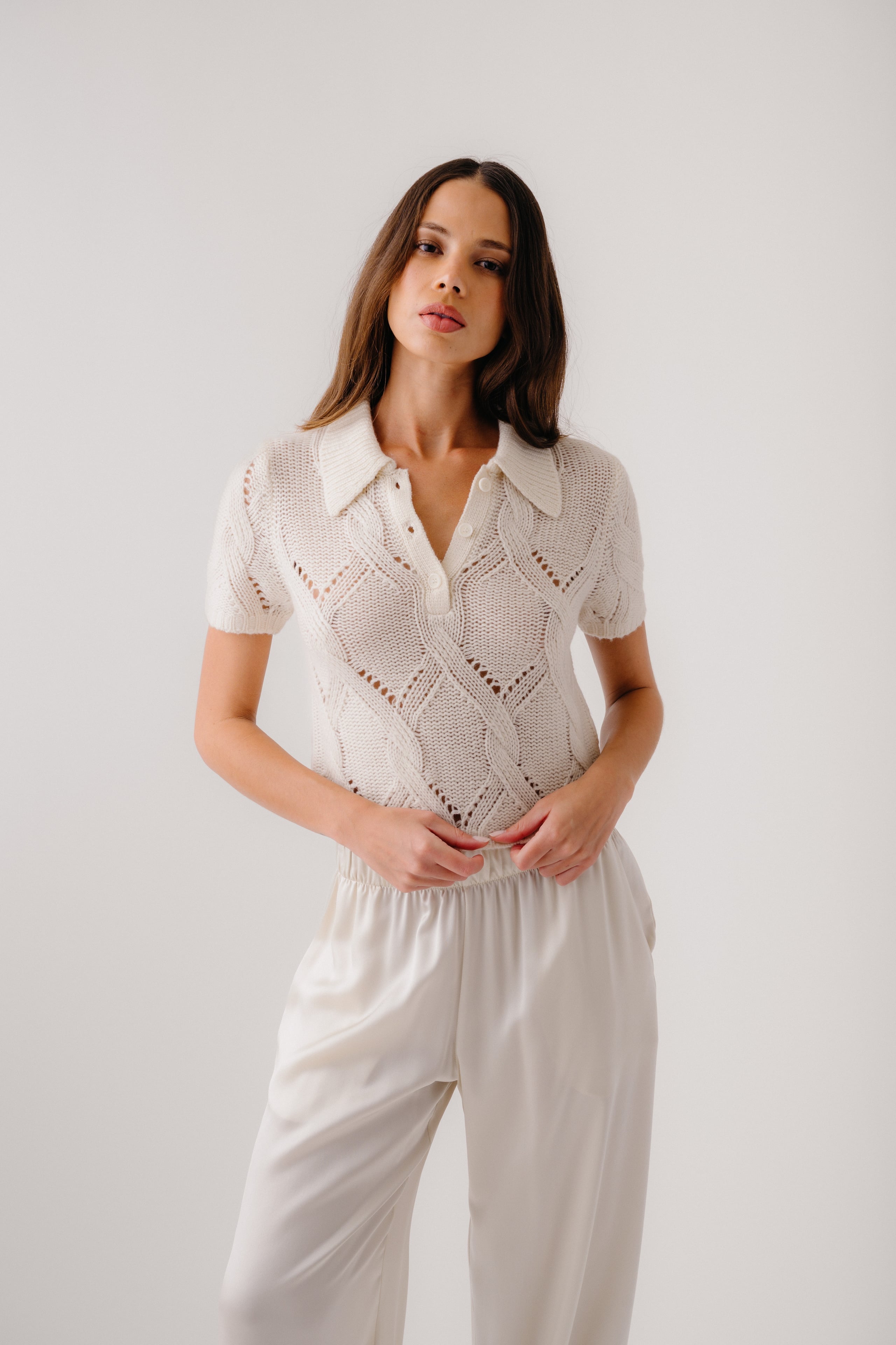 CADENCE SHRUNKEN CABLE CASHMERE POLO | GARDENIA