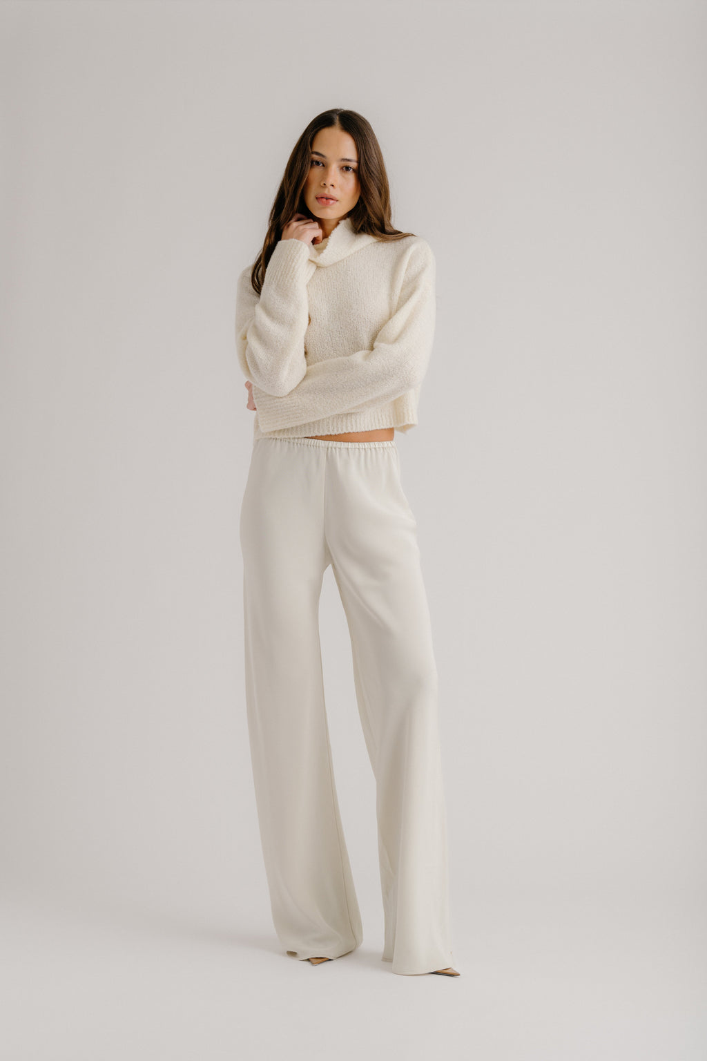 LOLA SLOUCHY CROPPED BOUCLE MOCK NECK | GARDENIA