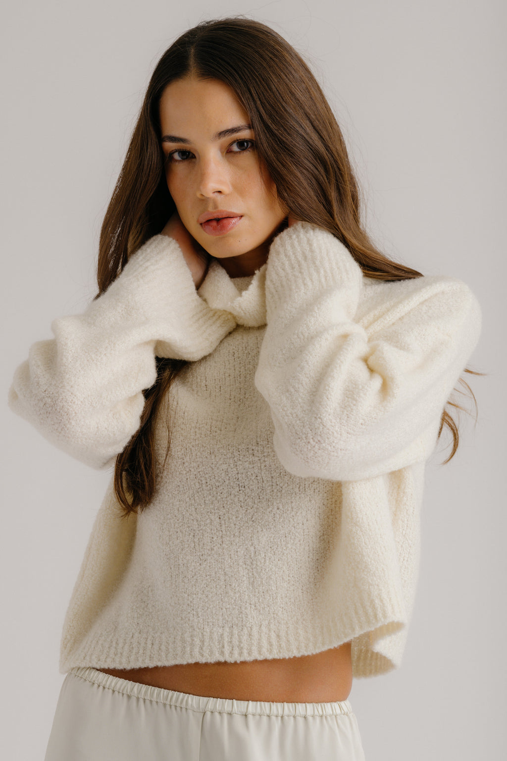 LOLA SLOUCHY CROPPED BOUCLE MOCK NECK | GARDENIA